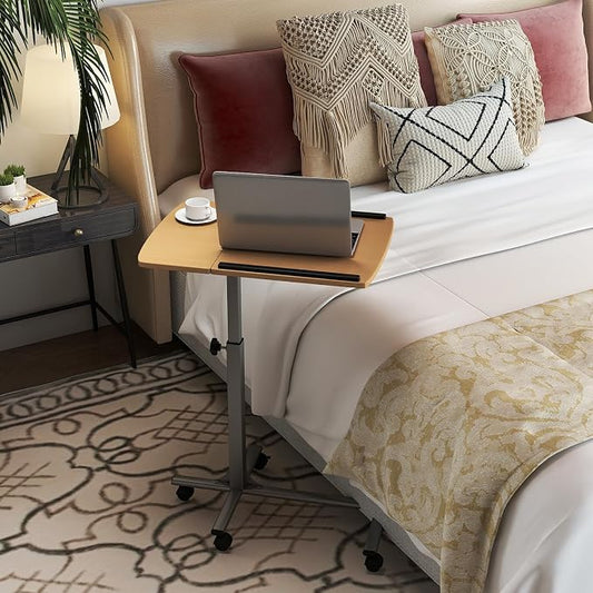 Tangkula Mobile Overbed Table Couch Table, Rolling Angle & Height Adjustable Laptop Stand Cart, Laptop Desk with Smooth & Lockable Wheels, Tray Table for Bed Sofa Side (Natural)