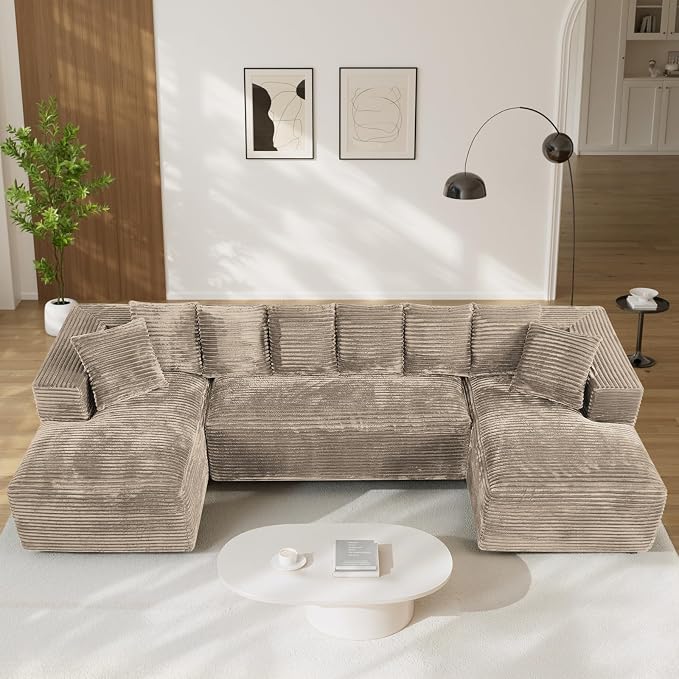 131" Oversized U Shaped Cloud Sectional Couches for Living Room, Comfy Fluffy Corduroy Light Brown Boneless Sectionals Couch, Plush Memory Foam Modular Sectional Sofa with Chaise- 19" Seat Height