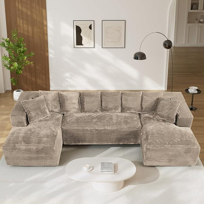 131" Oversized U Shaped Cloud Sectional Couches for Living Room, Comfy Fluffy Corduroy Light Brown Boneless Sectionals Couch, Plush Memory Foam Modular Sectional Sofa with Chaise- 19" Seat Height