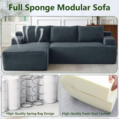 96" Modular Sectional Sofa, Modern Corduroy Cloud Couch, Boneless Couch Upholstered 3-Seater L-Shaped Sofa for Living Room, No Assembly Required (Dark Grey, Left-Facing Chaise)