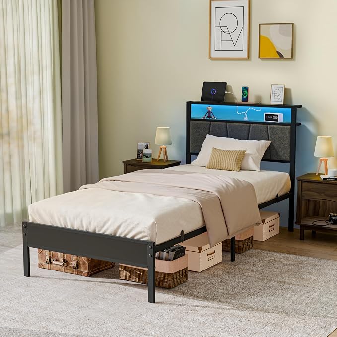 Z-hom 14 Inch Storage Headboard with Charging Station Twin Bed Frame,LED Bed w/Upholstered Headboard and Footboard, Metal Platform Bed w/ 2-Tier Shelves,Easy Assembly,No Box Spring Needed,Noise Free