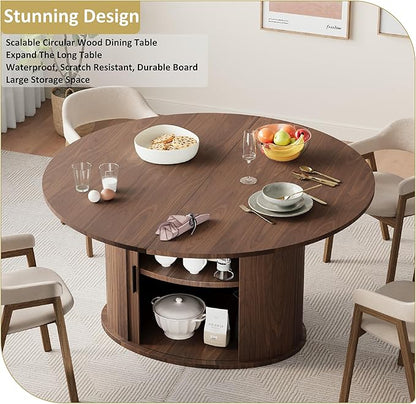 Dining Table for 4-6, 63“Extendable Round Dining Room Kitchen Table with 2-Tier Storage Shelf, Fluted Wood Table with Slide Door, Expandable Wood Oval Dinner Furniture with Pedestal Base (Walnut)