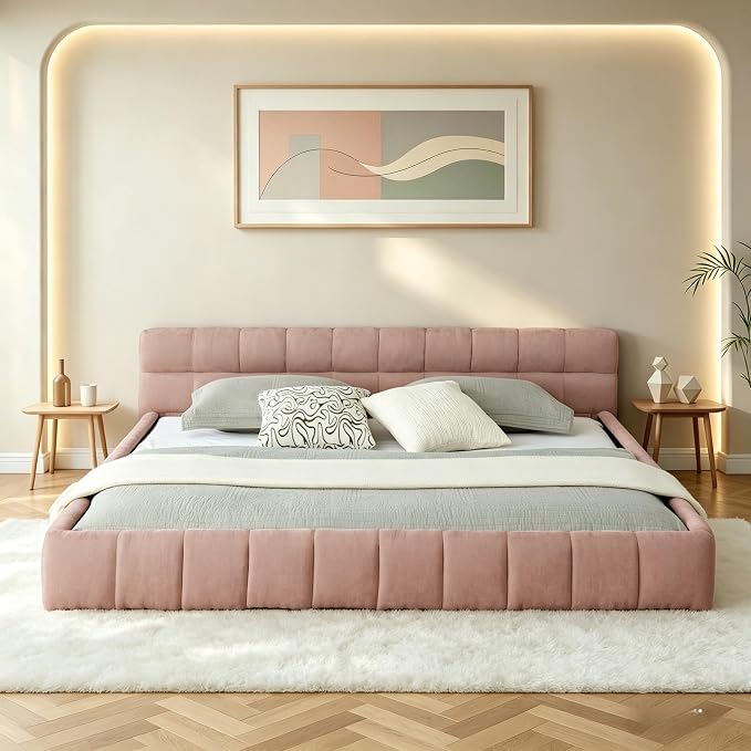 KEIKI California King Thick Chenille Platform Bed Frame with Upholstered Tufted Headboard, Modern Solid Wood Floor Platform for Bedroom, No Box Spring Needed