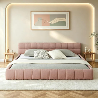 KEIKI California King Thick Chenille Platform Bed Frame with Upholstered Tufted Headboard, Modern Solid Wood Floor Platform for Bedroom, No Box Spring Needed