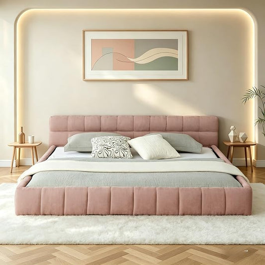 KEIKI California King Thick Chenille Platform Bed Frame with Upholstered Tufted Headboard, Modern Solid Wood Floor Platform for Bedroom, No Box Spring Needed