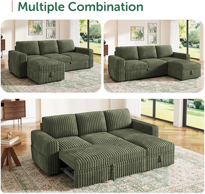 HONBAY Modular Sectional Sofa with Pull Out Bed,Corduroy L Shaped Sleeper Sofa with Storage, Sectional Couches for Living Room,Green