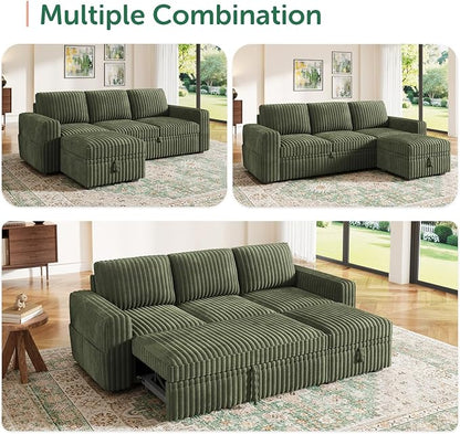 HONBAY Modular Sectional Sofa with Pull Out Bed,Corduroy L Shaped Sleeper Sofa with Storage, Sectional Couches for Living Room,Green