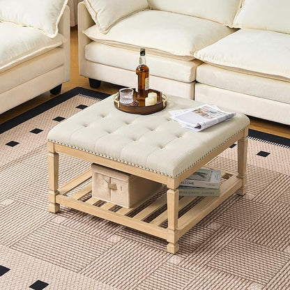 Befurtori Large Square Ottoman Coffee Table, Linen Solid Upholstered Footrest Ottoman with Solid Wood Shelf Storage Tufted Coffee Table for Bedroom Living Room-Ivory