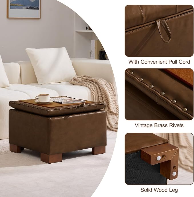 WUTUTUEE 24" Faux Leather Square Storage Ottoman with Wooden Tray, Modern Tufted Button Footstool Coffee Table, Upholstered Small Ottoman for Living Room, Bedroom, Coffee