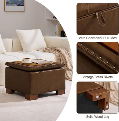 WUTUTUEE 24" Faux Leather Square Storage Ottoman with Wooden Tray, Modern Tufted Button Footstool Coffee Table, Upholstered Small Ottoman for Living Room, Bedroom, Coffee