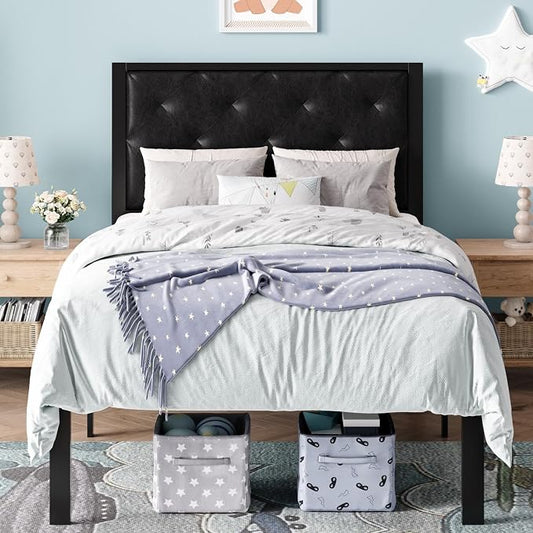 SHA CERLIN Twin Size Metal Bed Frame with PU Tufted Headboard, Black | Modern Design Heavy-Duty Platform Bed, No Box Spring Need, PU Leather Upholstery, Noise Free, Easy Assembly