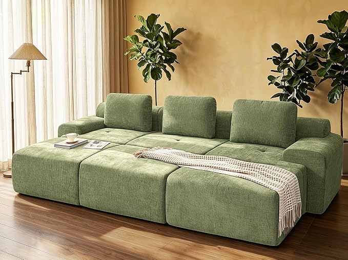 122" Oversized Boneless Couch, Comfort Cloud Sectional Couches for Living Room, Modular Sofa High Back & Extra Deep Seat, No Assembly, Soft Chenille Fabric (Olive Green, 122 inch-（3+3）)