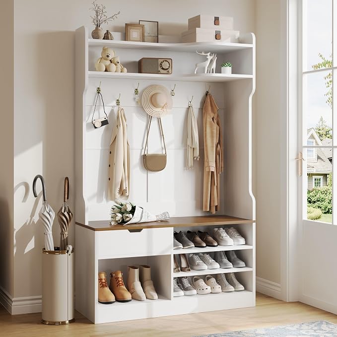 Hall Tree with Bench and Shoe Storage, White | 5-in-1 Entryway Hall Tree with Coat Rack, Hidden Drawer, 7 Coat Hooks, 3-Tier Shoe Storage for Hallway and Mudroom