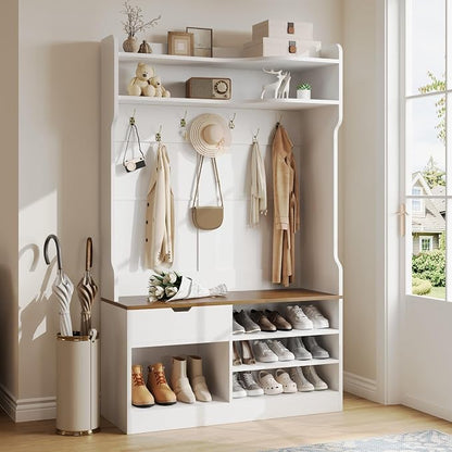 Hall Tree with Bench and Shoe Storage, White | 5-in-1 Entryway Hall Tree with Coat Rack, Hidden Drawer, 7 Coat Hooks, 3-Tier Shoe Storage for Hallway and Mudroom