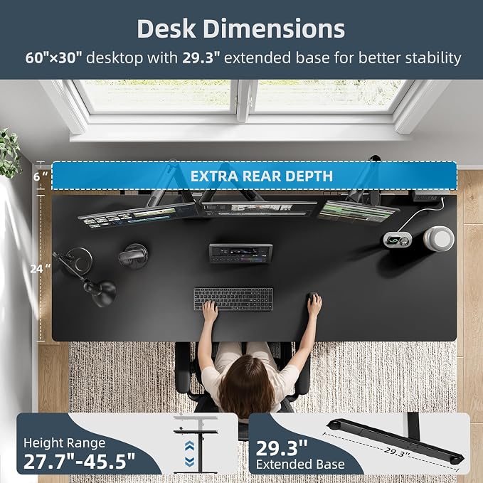Electric Standing Desk Adjustable - 60 x 30 Inch Sit Stand Desk with Flip-Top Cable Management,Mouse Pad,Clamp Power Strip,Dual-Beam Frame,3 Memory Preset Height Adjustable for Home Office