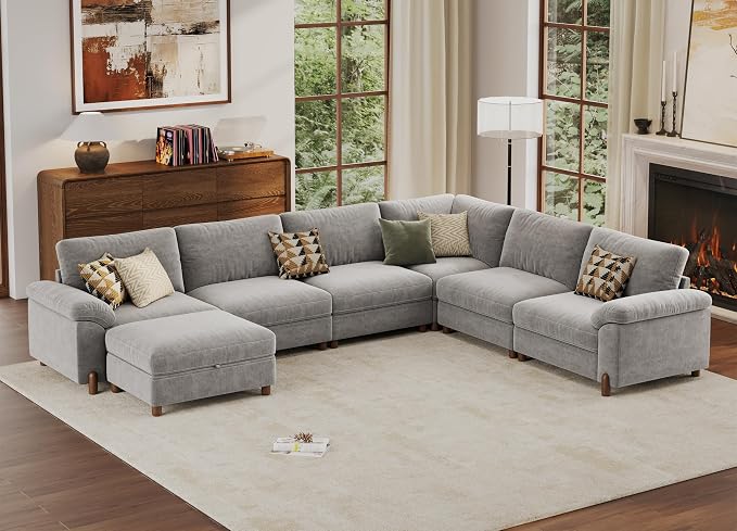 SITJOY Large Cloud Couch, 138" Wide 6 Seater U Shape, Light Gray Chenille | Detachable and Washable Chenille Cover Sectional Sofas for Living Room, Deep Seat Wide Couch with Chaise, Storage Ottoman