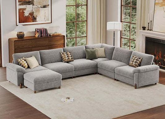SITJOY Large Cloud Couch, 138" Wide 6 Seater U Shape, Light Gray Chenille | Detachable and Washable Chenille Cover Sectional Sofas for Living Room, Deep Seat Wide Couch with Chaise, Storage Ottoman