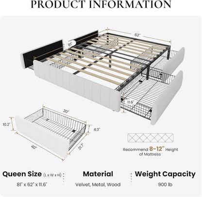 SHA CERLIN Queen Size Velvet Upholstered Platform Bed Frame with 4 Storage Drawers, Vertical Channel Tufted, Low Profile, Fits Standard Headboards, Wooden Slats Support, Easy Assembly, White