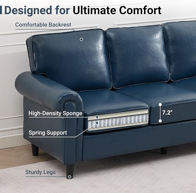 Kingfun Faux Leather 3 Seater Couch, Mid Century Modern Sofa with Rolled Arms and Deep Seats, Fluffy Comfort for Living Room, Apartment, Easy Assembly, Blue