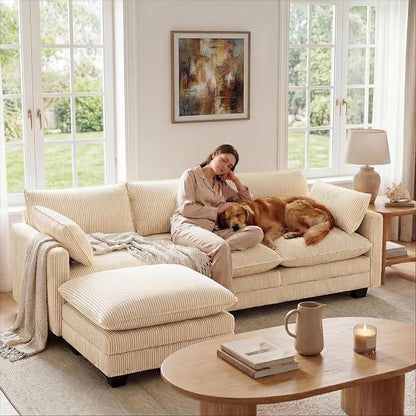 Gizoon 110'' Oversized L Shaped Couch for Living Room, Cloud Couches with Washable Corduroy Cover, Modern 4-Seater Comfy Deep-Seat Sofa with Movable Ottoman and 2 Throw Pillows for Apartment, Beige