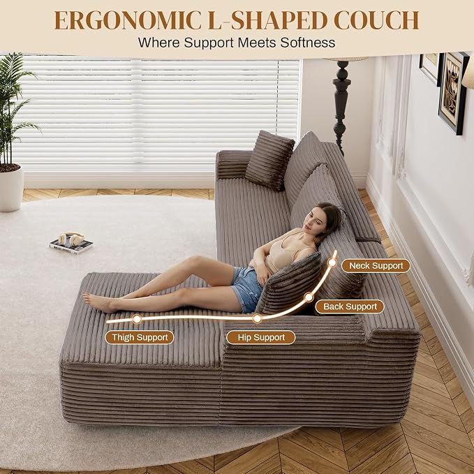 95" L Shaped Boneless Sectional Couches, Wide Armrest, Deep Seat, Memory Foam, Assembly Free, Modern Comfy Corduroy Fluffy Cloud Sofa with Left Chaise for Living Room, Small Spaces, Brown