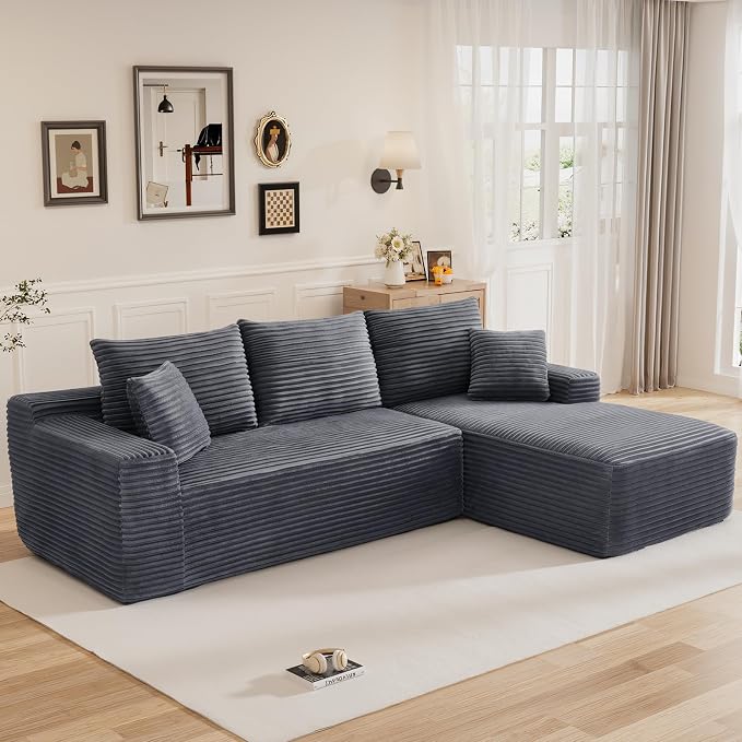 108" L Shaped Cloud Boneless Sectional Couches for Living Room, Modern Comfy Modular Deep Seat Memory Foam Compressed Corduroy Sofa Oversized Right Facing Chaise, No Assembly Required, Grey