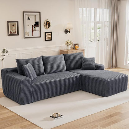 108" L Shaped Cloud Boneless Sectional Couches for Living Room, Modern Comfy Modular Deep Seat Memory Foam Compressed Corduroy Sofa Oversized Right Facing Chaise, No Assembly Required, Grey