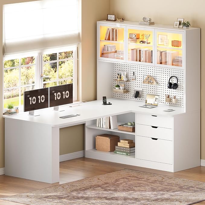 SEDETA L Shaped Computer Desk, L Shaped Corner Gaming Desk with 3 Wood Drawer and Large Bookshelf, Home Office Desk with LED Light, Display Cabinet and Pegboard, 27.5" W Large Desktop Table, White