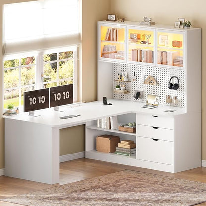 SEDETA L Shaped Computer Desk, L Shaped Corner Gaming Desk with 3 Wood Drawer and Large Bookshelf, Home Office Desk with LED Light, Display Cabinet and Pegboard, 27.5" W Large Desktop Table, White