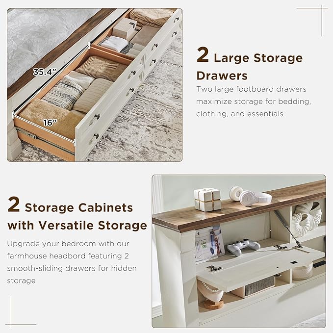 Farmhouse King Size Bed Frame with 54" Tall Storage Bookcase Headboard, Wood Platform Bed Frame with 2 Drawers & 18" Tall Roman Column Decoration Footboard, No Box Spring Needed(Antique White)