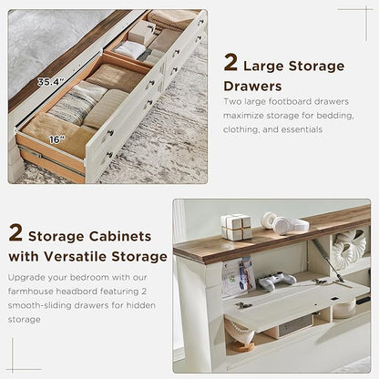Farmhouse King Size Bed Frame with 54" Tall Storage Bookcase Headboard, Wood Platform Bed Frame with 2 Drawers & 18" Tall Roman Column Decoration Footboard, No Box Spring Needed(Antique White)