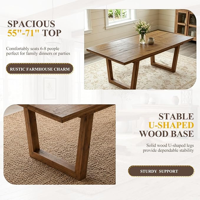 chairus 55"-71" Extendable Reclaimed Wood Dining Table with Butterfly Leaf | Hidden Butterfly Leaf Extends from 55" to 71", Reclaimed Pine Table, Seats 4-8, Sturdy U-shaped Wood Legs, Farmhouse Style