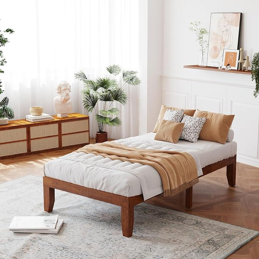 Giantex 14 Inch Twin Wood Platform Bed Frame, Minimalist Style Mattress Foundation with Solid Rubber Wood, Heavy Duty Slat Support, Without Headboard, Easy Assembly, No Box Spring Needed,Walnut
