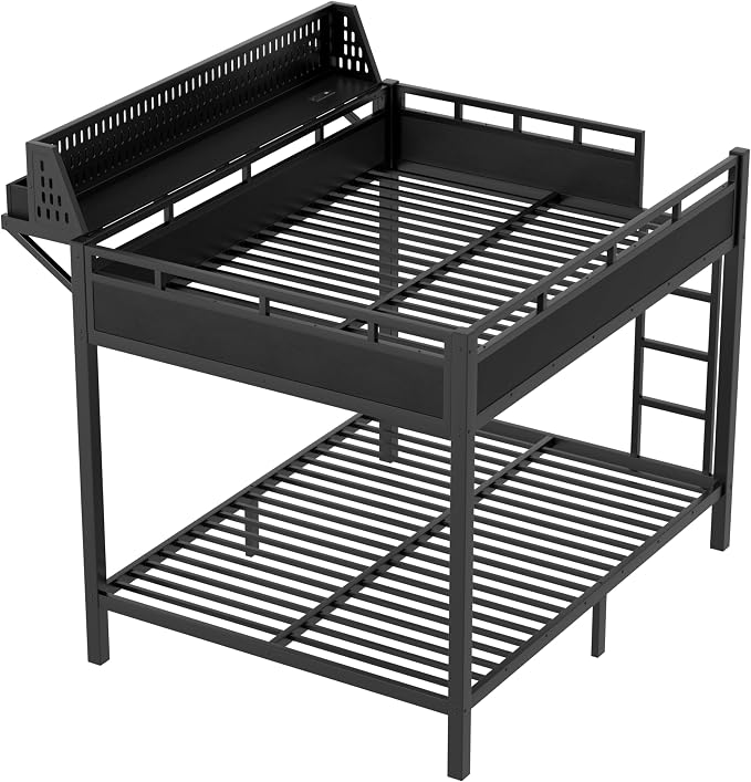 Bellemave Bunk Bed Queen Over Queen，Metal Bunk beds with Storage Shelves USB Ports and LED Lights, Black