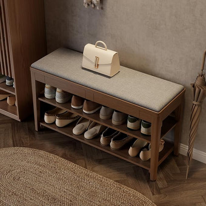 Shoe Bench with Storage, Wooden Shoe Storage Bench with Cushion&Hidden Drawer, 2-Tier Shoe Rack Bench for Entryway, Mudroom, Hallway