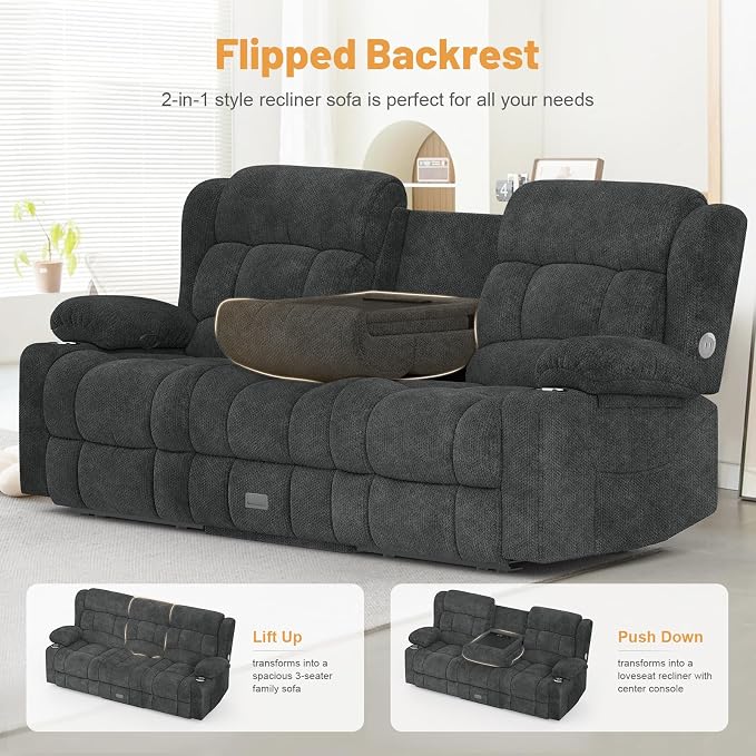 Dresegmt Loveseat Recliner Sofa, Flip Middle Backrest Design 3 Seat Reclining Sofa with Storage Drawer, USB Ports & Cup Holders, Manual Couch for Living Room/RV (New Gray)