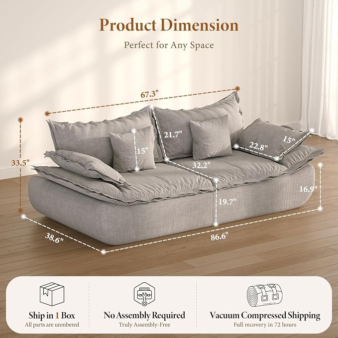 Vesgantti 86.6" Boneless Couches for Living Room, 3 Seater Loveseat Couch in Chenille | Memory Foam | No Assembly Required, Deep Seat Cloud Modular Sofa for Apartment, Office (Grey)