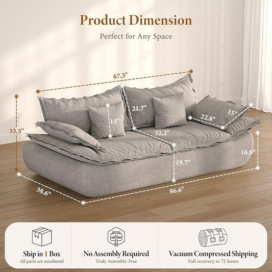 Vesgantti 86.6" Cloud Couch for Living Room, Modern 3 Seater Sailboat Sofa with Deep Seat, Comfy Chenille Upholstered Boneless Couch with Curved Armrest, No Assembly Required, Light Grey