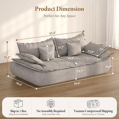 Vesgantti 86.6" Cloud Couches for Living Room, Cozy Chenille Boneless Couch with Curved Armrest, Modern Stylish Sailboat Sofa with Deep Seat, No Assembly Required, Light Grey
