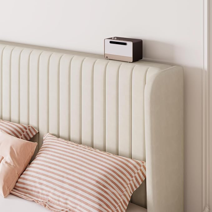 SHA CERLIN King Size Velvet Bed Frame with Vertical Channel Tufted Wingback Headboard, Upholstered Platform Bed with Wood Slats, No Box Spring Needed, Easy Assembly, Cream White