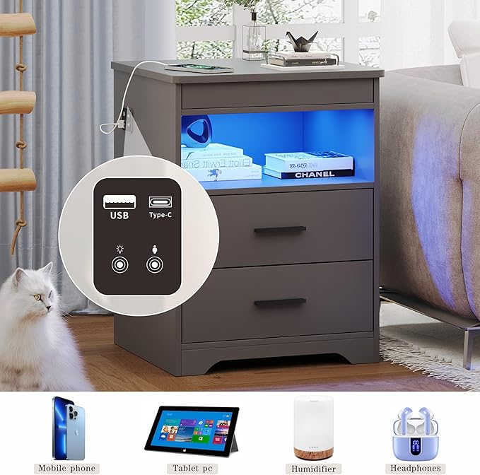 Night Stand Set of 2, Charging Bedside Table with USB & Type-C Port, LED Night Stand with Human Sensor Light, Modern End Table with Gun Drawers for Bedroom Office, Grey