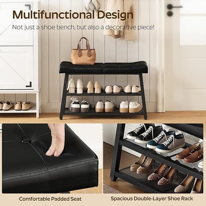 YATINEY Shoe Bench, 3-Tier Shoe Rack, Entryway Bench with Storage and Cushion, for Hallway, Foyer, Bedroom, Black HX02BB