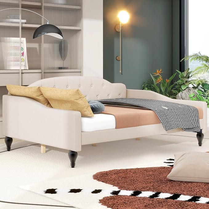 Merax Full Size Daybed, Solid Wood Sofa Bed Frame, Upholstered Tufted Daybed for Living Room, Bedroom and Guest Room, Beige