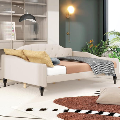 Merax Full Size Daybed, Solid Wood Sofa Bed Frame, Upholstered Tufted Daybed for Living Room, Bedroom and Guest Room, Beige