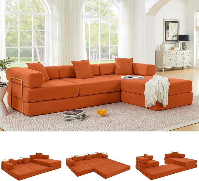 ivoros 108" Oversized Convertible Sleeper Sofa Bed, Corduroy L Shape Sectional Couch, Folding Sofa Bed with Fixed-Shape Frame, Modern Cloud Floor Mattress Couch, Modular Sofa for Living Room, Orange