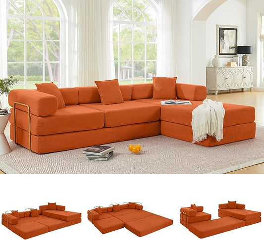 ivoros 108" Oversized Convertible Sleeper Sofa Bed, Corduroy L Shape Sectional Couch, Folding Sofa Bed with Fixed-Shape Frame, Modern Cloud Floor Mattress Couch, Modular Sofa for Living Room, Orange