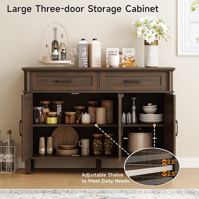 ONBRILL 48 Inch Buffet Cabinet with Storage, Farmhouse Sideboard Buffet w/2 Drawers and 3 Doors, Wood Coffee Bar Cabinet with Adjustable Shelves, Sideboard Storage for Kitchen, Living Room, Brown