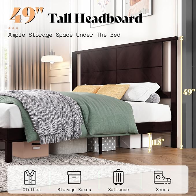 AMERLIFE Solid Wood Queen Size Bed Frame with Headboard, Rustic Style Platform Bed Frame with Under-Bed Storage, No Box Spring Needed, Noise Free, Easy Assembly, Dark Brown