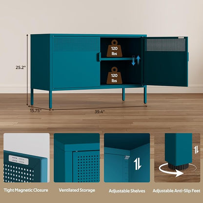 Blue 25" H Metal Storage Cabinet with Adjustable Shelf, 2 Door Accent Cabinet, 2-Tier Low Cabinet with Vent Hole, TV Stand for Entryway, Home Office, Music Studio