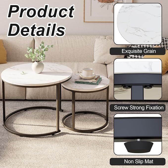 aboxoo Round Nesting Coffee Table Side Table Set of 2 End Tables for Living Room Bedroom Balcony, White Faux Marble Wooden Table Accent Coffee Table with Black Steel Frame